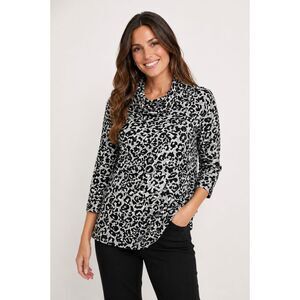 Rebecca Malone Sweater Womens Sz L Black Leopard Cowl Neck Boho Casual 1179H